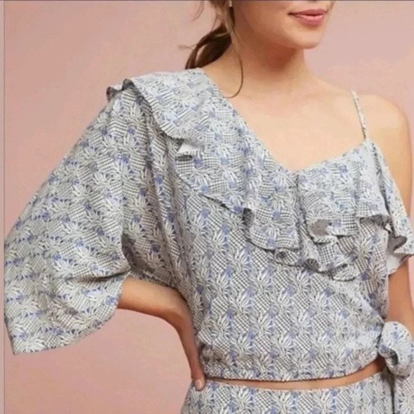 Maeve Anthropologie Blue Pineapple Print Ruffle Cropped Blouse Size Small - Picture 11 of 11